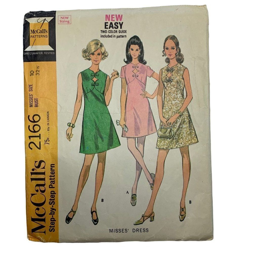 Vintage 60s McCalls 2166 Pattern Misses 8-16 Easy Mod Dress High Waist Cut